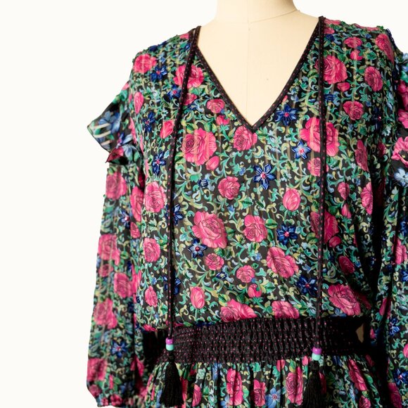 Diane Freis Beaded Floral Ruffle Polka-Dot Peasant Tassel Tiered Retro Dress - Picture 4 of 6